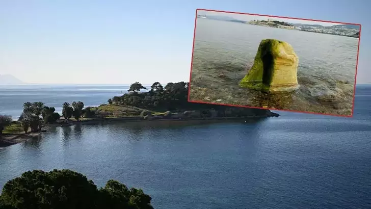 Kuşadası’nda deniz suyu çekildi; Roma dönemine ait mermer kaide ortaya çıktı